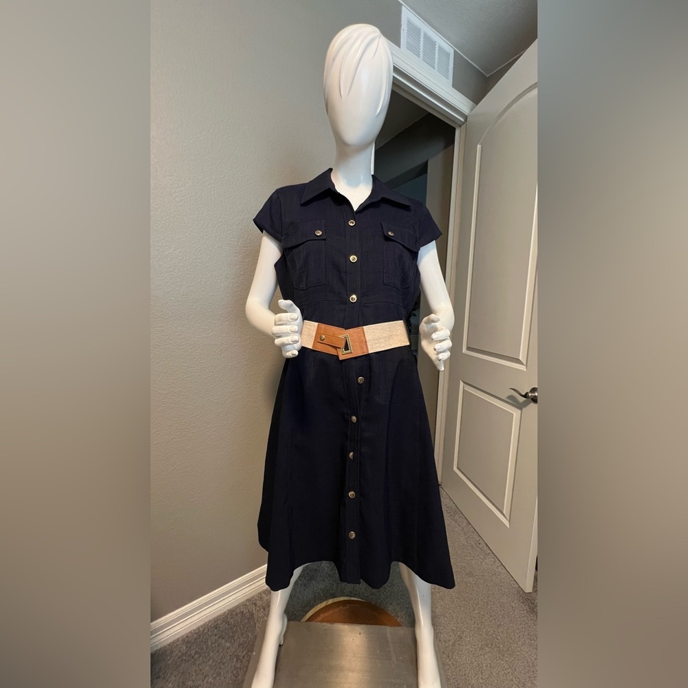 Tahari Navy Midi Dress with Tan Belt size 14